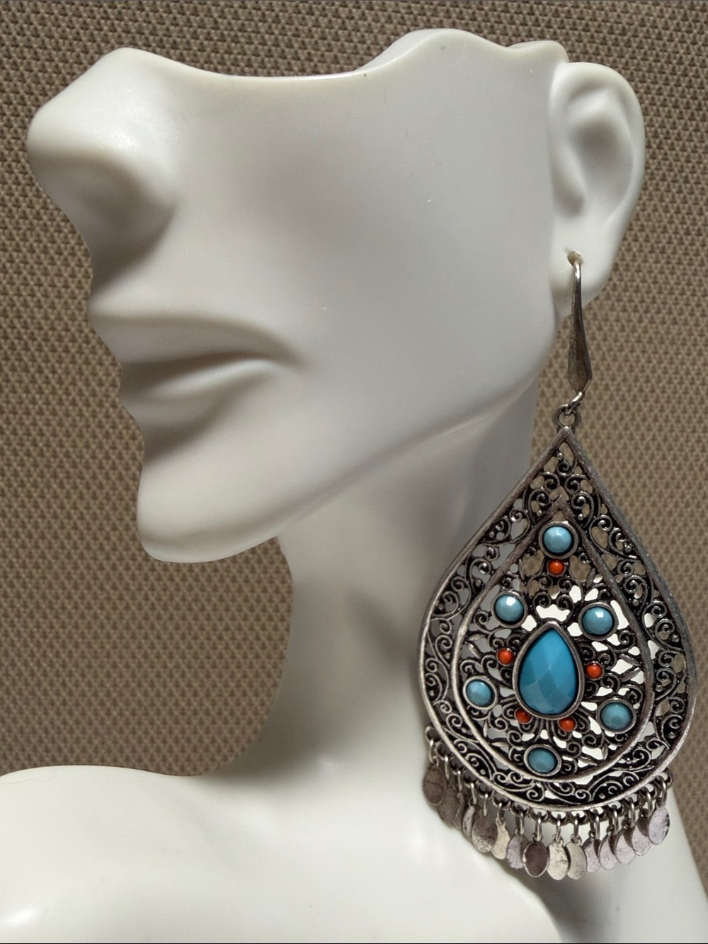 Turquoise and Coral Teardrop Filigree Earrings - Women Jewelry